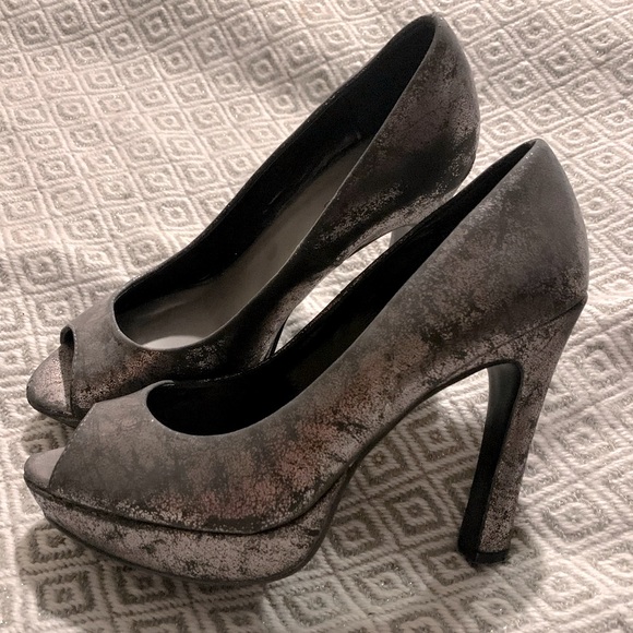 Metallic Pewter Peep Toe Heels - Picture 4 of 12